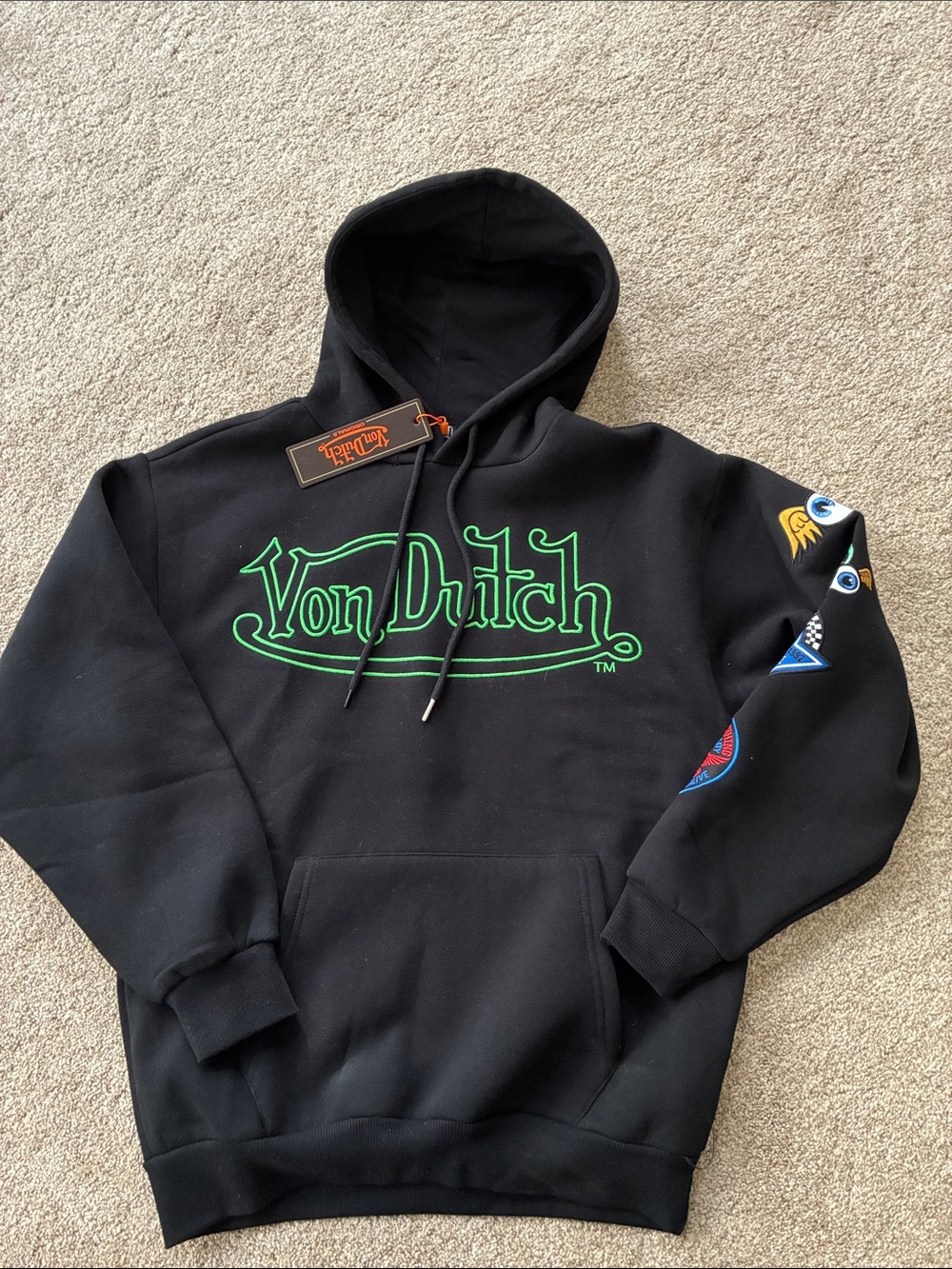 Von Dutch Black Hoodie with Bright green embroidery Logo and Sleeve Patches